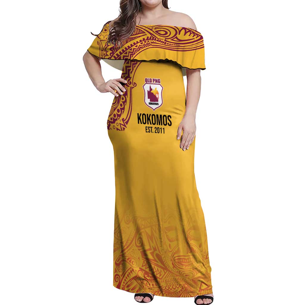 Queensland Papua New Guinea Custom Off Shoulder Maxi Dress All Gold Pacific PNG Tribal Style LT9 Women Gold - Polynesian Pride
