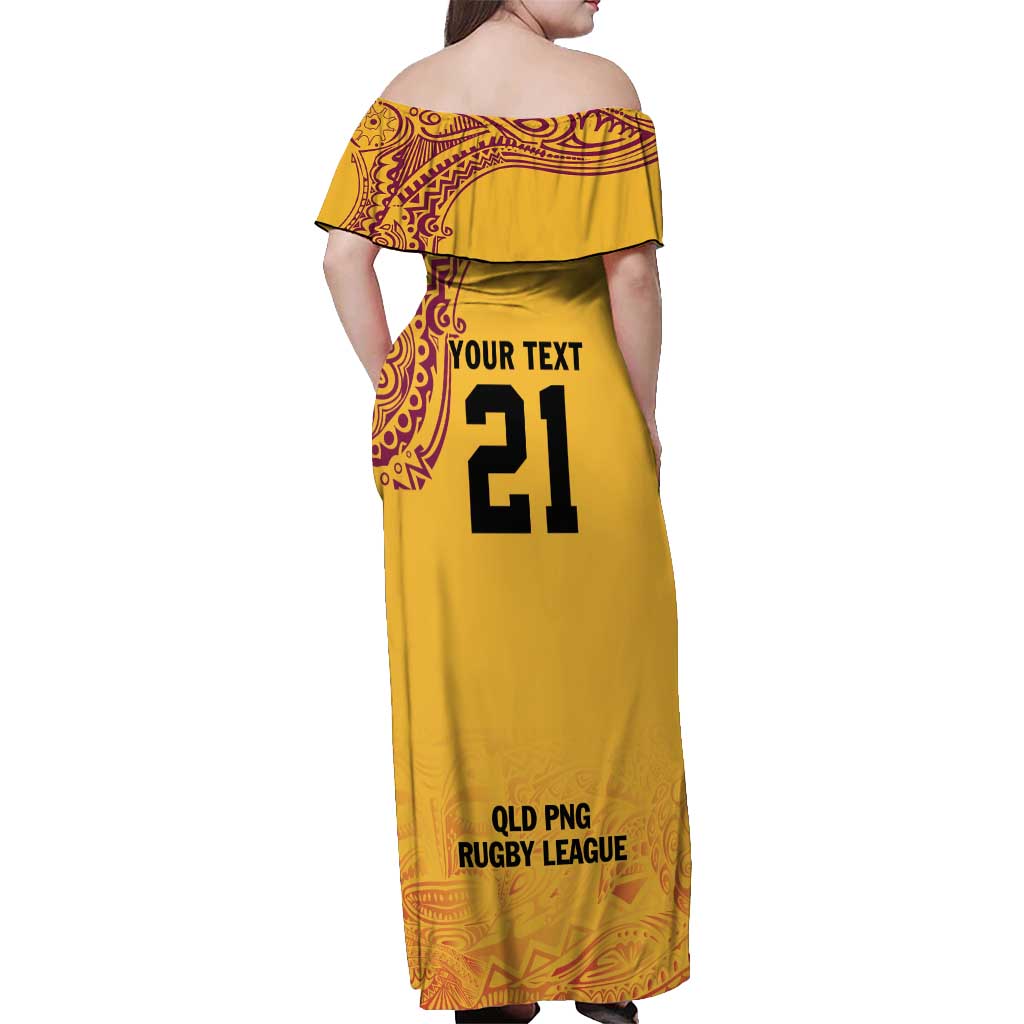 Queensland Papua New Guinea Custom Off Shoulder Maxi Dress All Gold Pacific PNG Tribal Style LT9 - Polynesian Pride