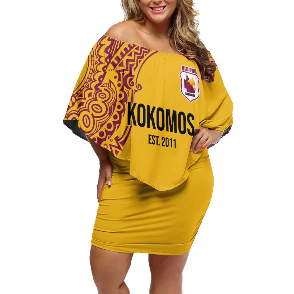 Queensland Papua New Guinea Custom Off Shoulder Short Dress All Gold Pacific PNG Tribal Style LT9 Women Gold - Polynesian Pride