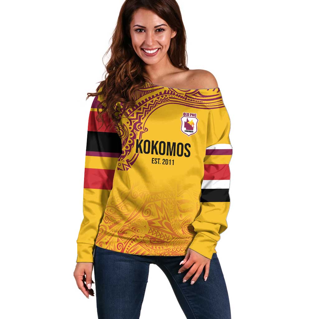 Queensland Papua New Guinea Custom Off Shoulder Sweater All Gold Pacific PNG Tribal Style LT9 Women Gold - Polynesian Pride