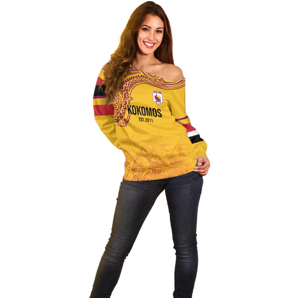 Queensland Papua New Guinea Custom Off Shoulder Sweater All Gold Pacific PNG Tribal Style LT9 - Polynesian Pride