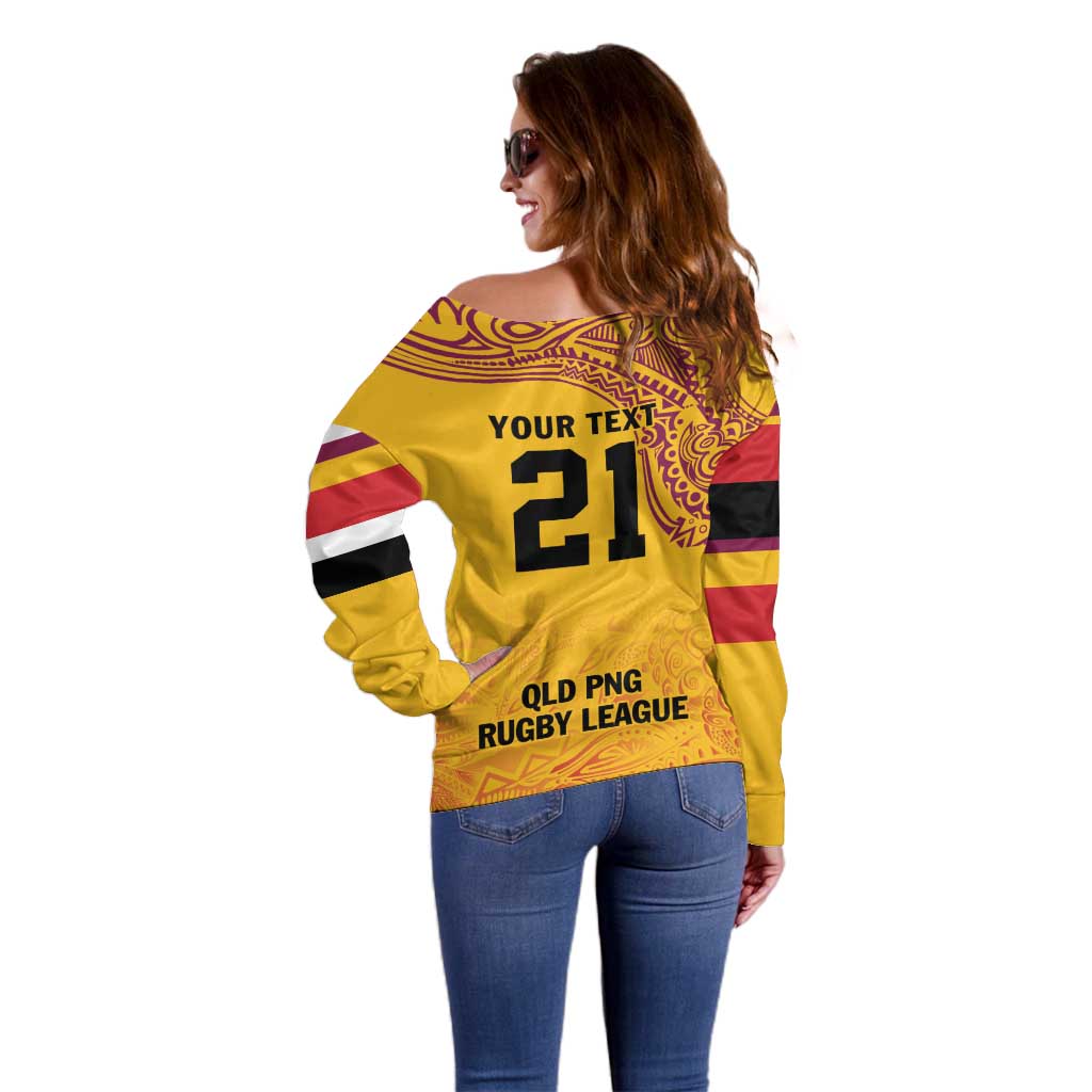 Queensland Papua New Guinea Custom Off Shoulder Sweater All Gold Pacific PNG Tribal Style LT9 - Polynesian Pride