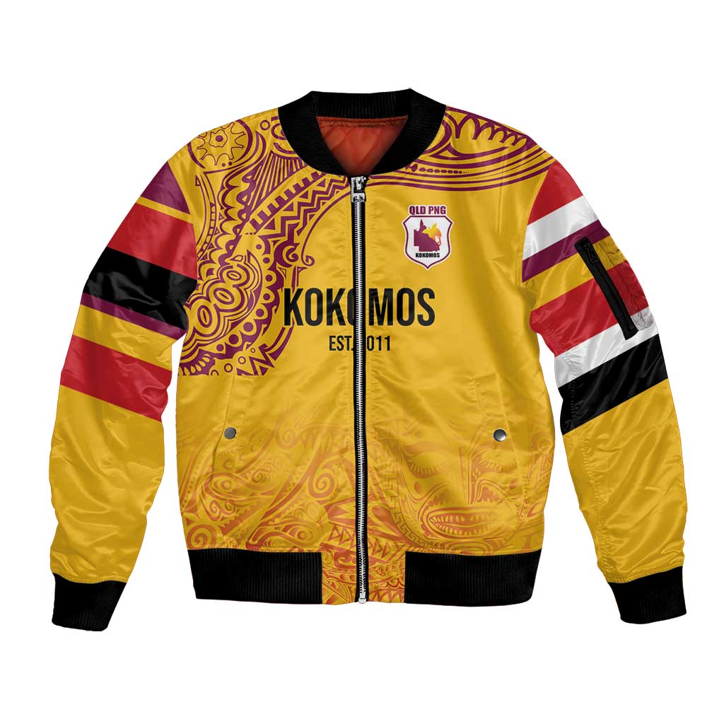 Queensland Papua New Guinea Custom Sleeve Zip Bomber Jacket All Gold Pacific PNG Tribal Style LT9 Unisex Gold - Polynesian Pride