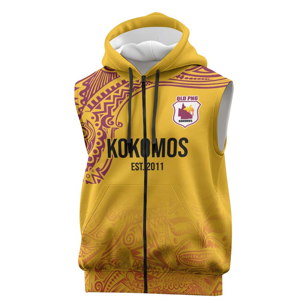 Queensland Papua New Guinea Custom Sleeveless Zip Hoodie All Gold Pacific PNG Tribal Style LT9 Gold - Polynesian Pride