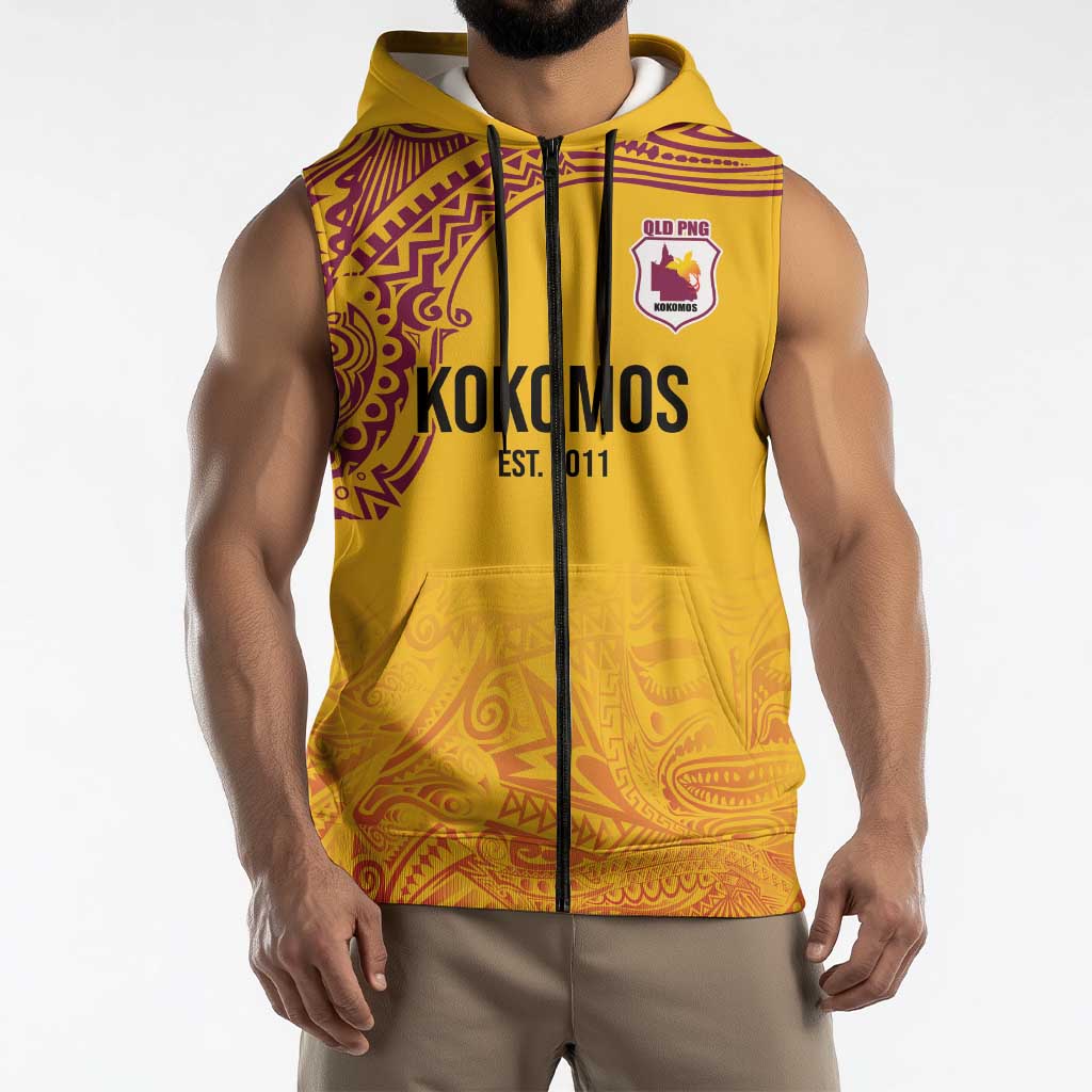Queensland Papua New Guinea Custom Sleeveless Zip Hoodie All Gold Pacific PNG Tribal Style LT9 - Polynesian Pride