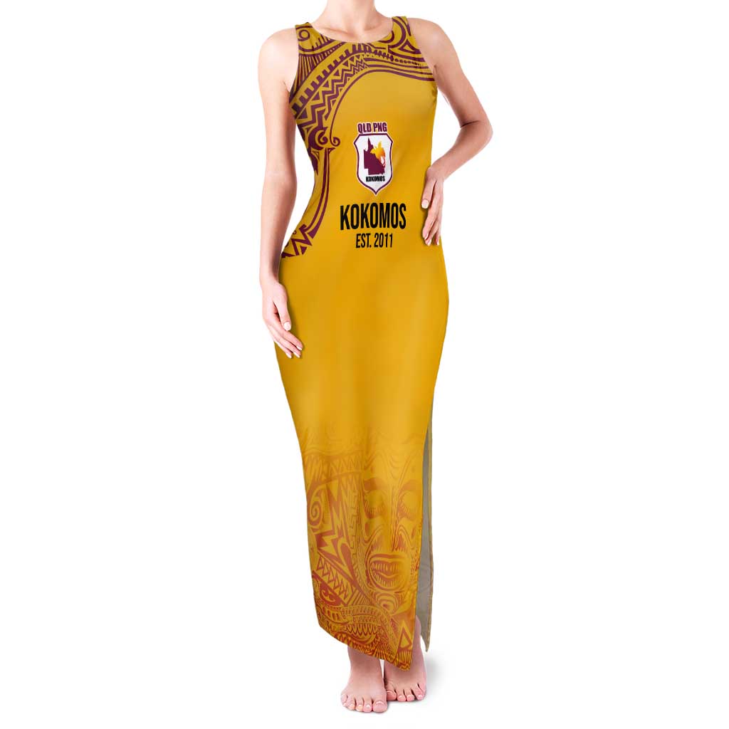 Queensland Papua New Guinea Custom Tank Maxi Dress All Gold Pacific PNG Tribal Style LT9 Women Gold - Polynesian Pride
