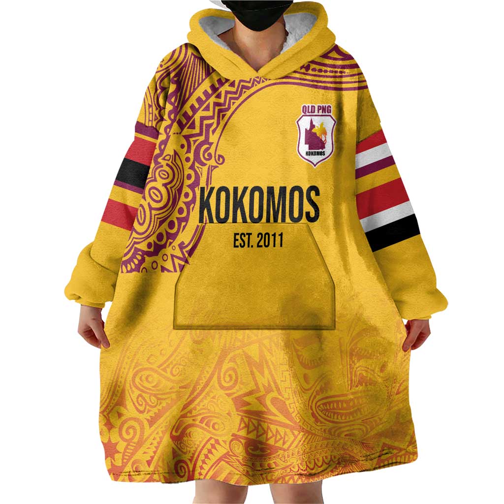Queensland Papua New Guinea Custom Wearable Blanket Hoodie All Gold Pacific PNG Tribal Style LT9 - Polynesian Pride