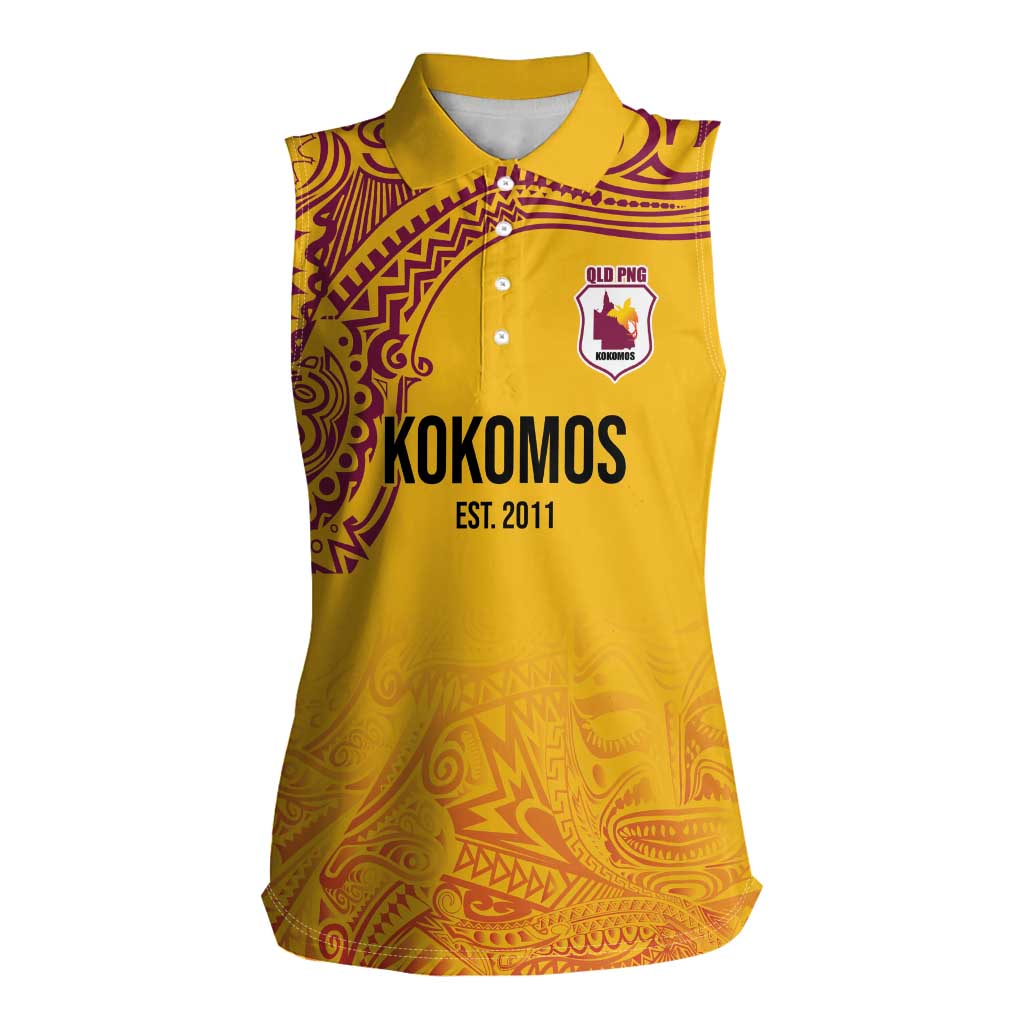 Queensland Papua New Guinea Custom Women Sleeveless Polo Shirt All Gold Pacific PNG Tribal Style LT9 Female Gold - Polynesian Pride