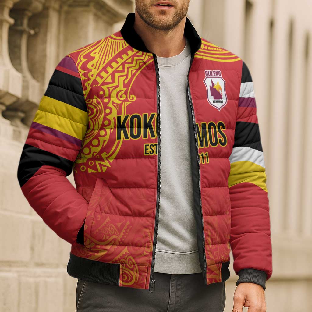 Queensland Papua New Guinea Custom Bomber Puffer Jacket All Red Pacific PNG Tribal Style - Polynesian Pride