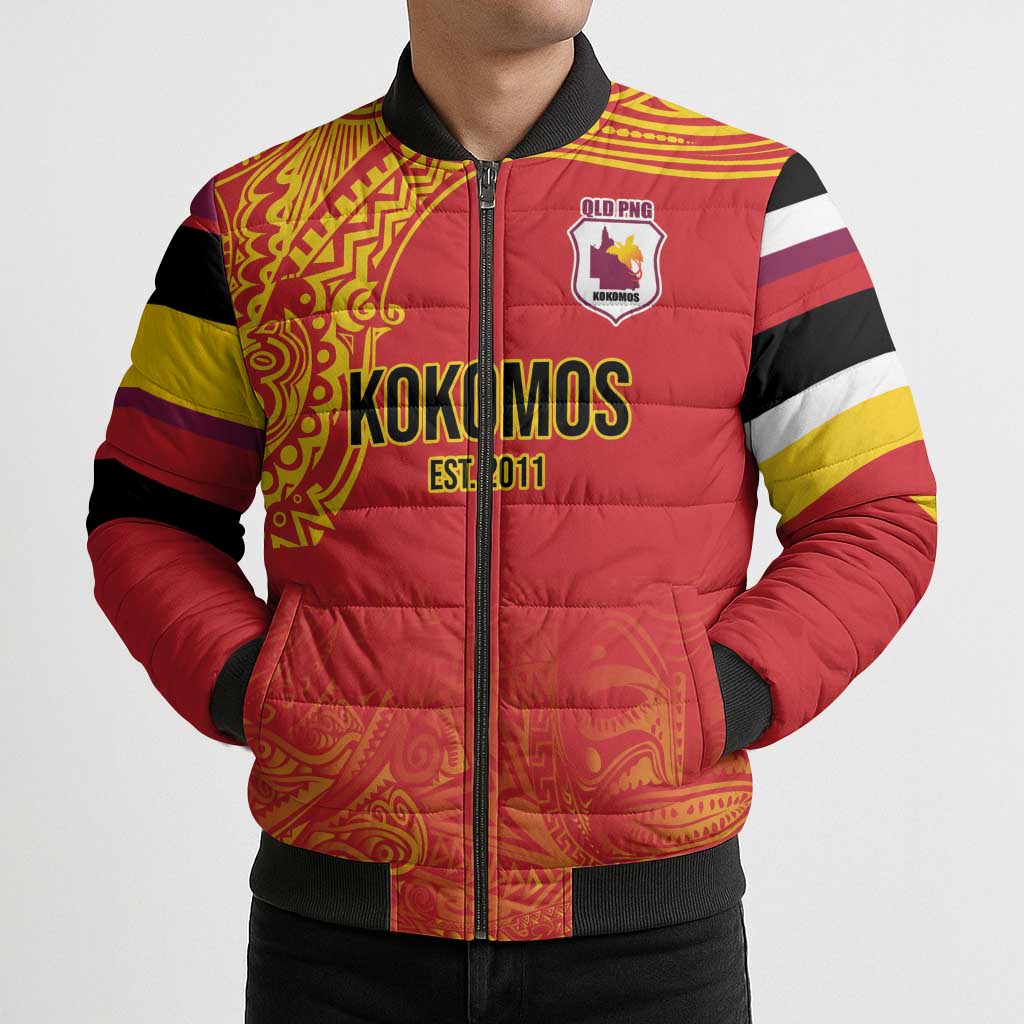 Queensland Papua New Guinea Custom Bomber Puffer Jacket All Red Pacific PNG Tribal Style - Polynesian Pride