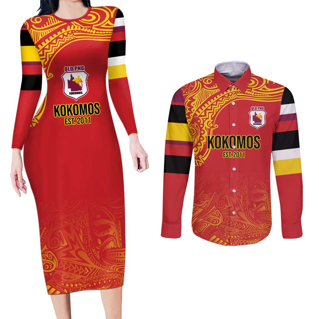Queensland Papua New Guinea Custom Couples Matching Long Sleeve Bodycon Dress and Long Sleeve Button Shirt All Red Pacific PNG Tribal Style LT9 Red - Polynesian Pride