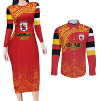 Queensland Papua New Guinea Custom Couples Matching Long Sleeve Bodycon Dress and Long Sleeve Button Shirt All Red Pacific PNG Tribal Style LT9 Red - Polynesian Pride