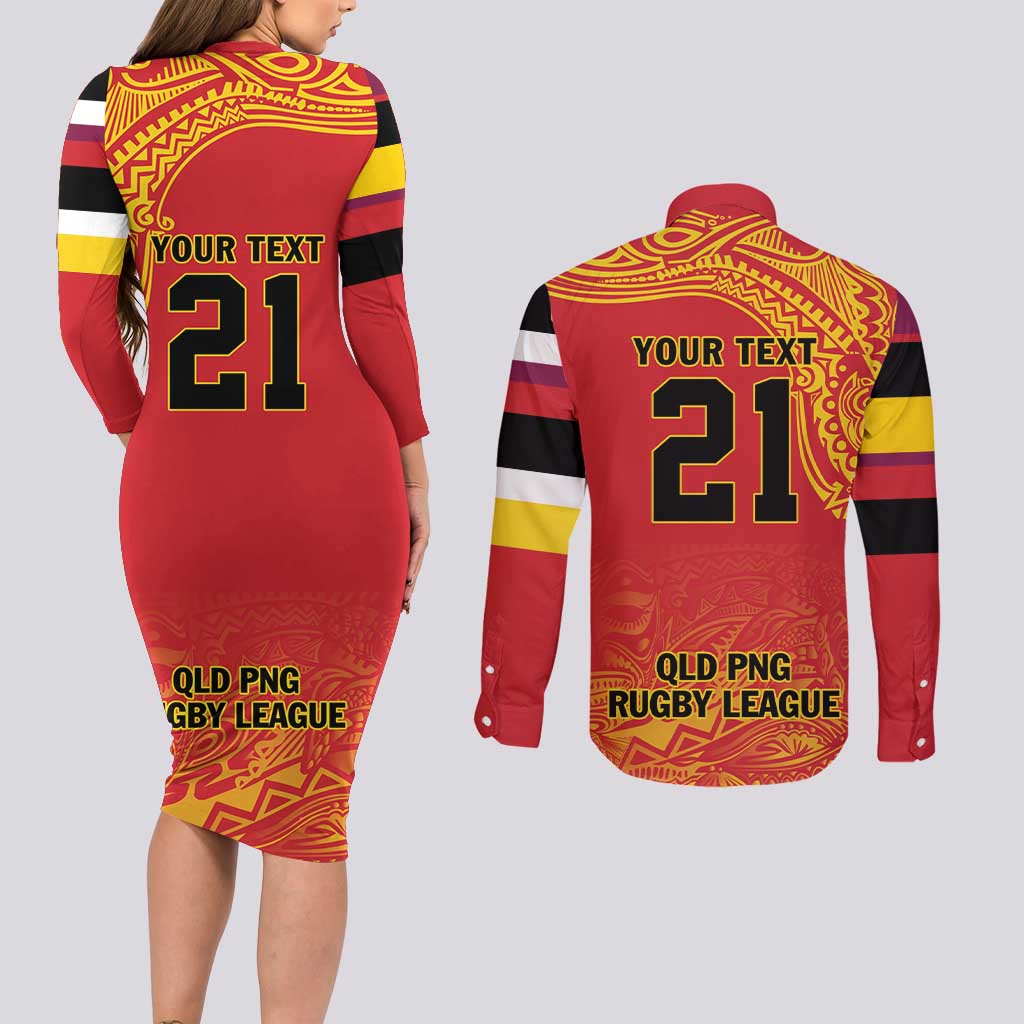 Queensland Papua New Guinea Custom Couples Matching Long Sleeve Bodycon Dress and Long Sleeve Button Shirt All Red Pacific PNG Tribal Style LT9 - Polynesian Pride