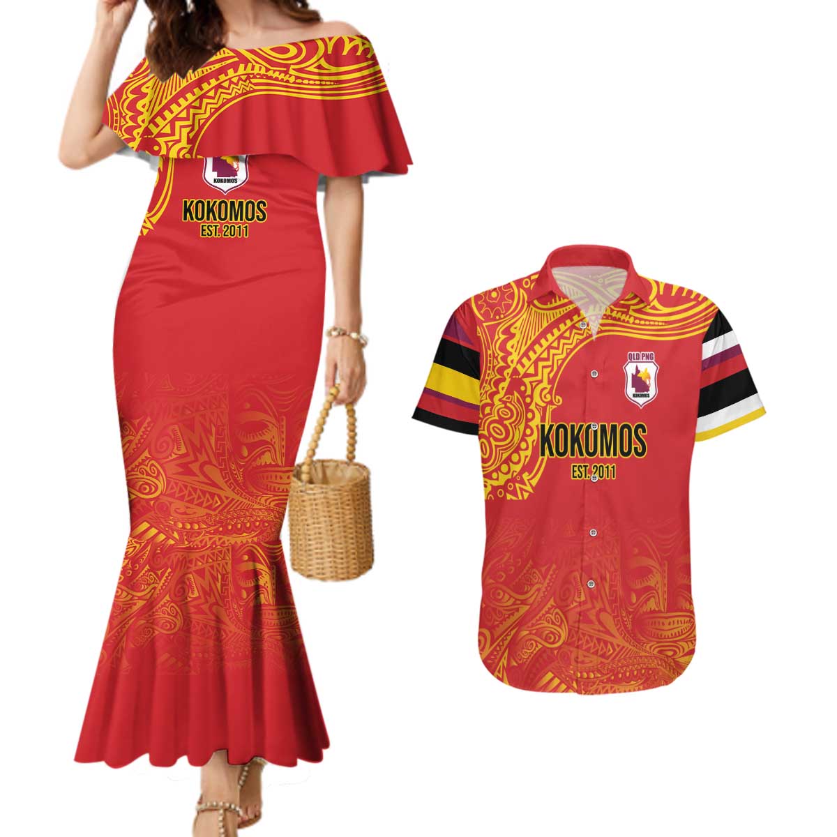 Queensland Papua New Guinea Custom Couples Matching Mermaid Dress and Hawaiian Shirt All Red Pacific PNG Tribal Style