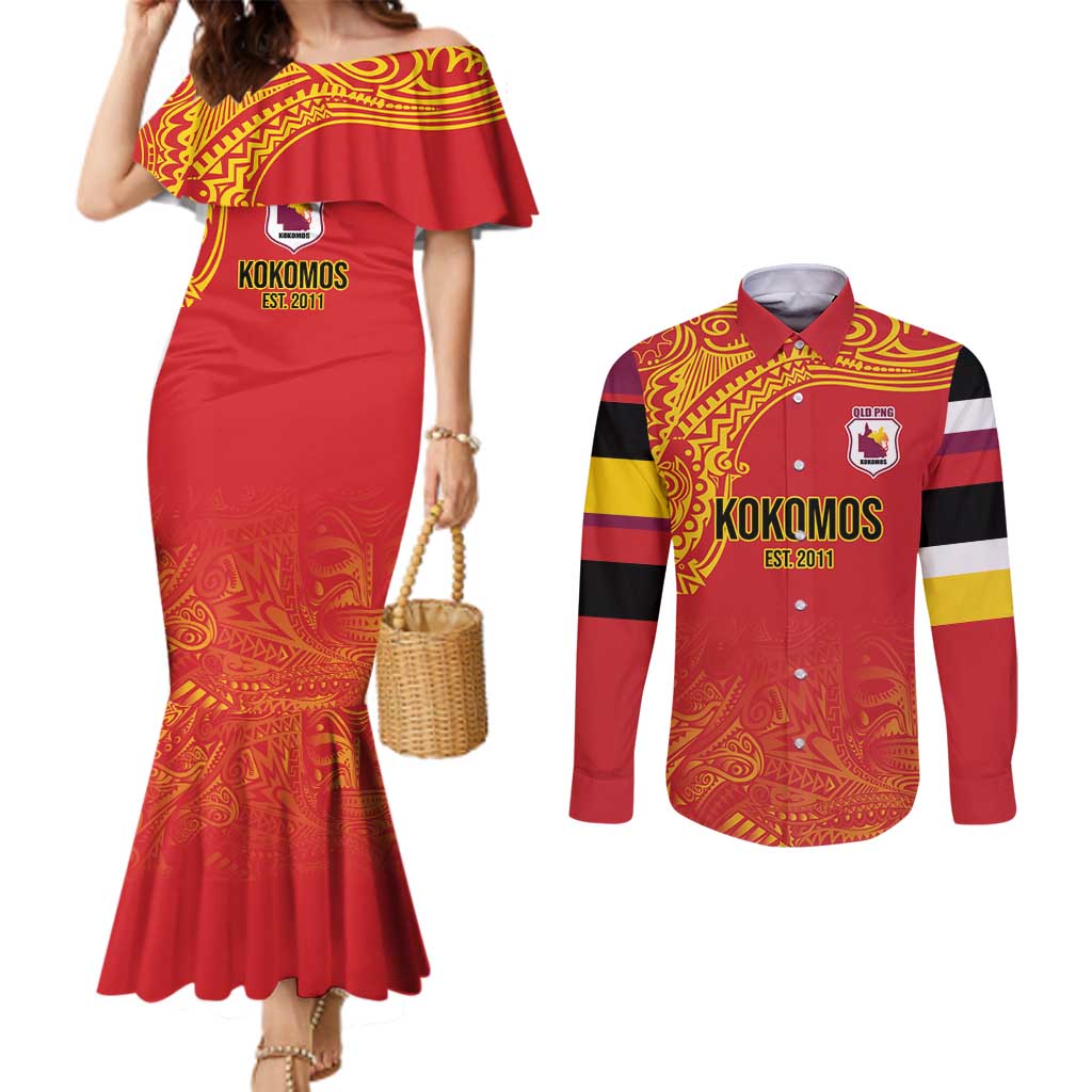 Queensland Papua New Guinea Custom Couples Matching Mermaid Dress and Long Sleeve Button Shirt All Red Pacific PNG Tribal Style LT9 Red - Polynesian Pride