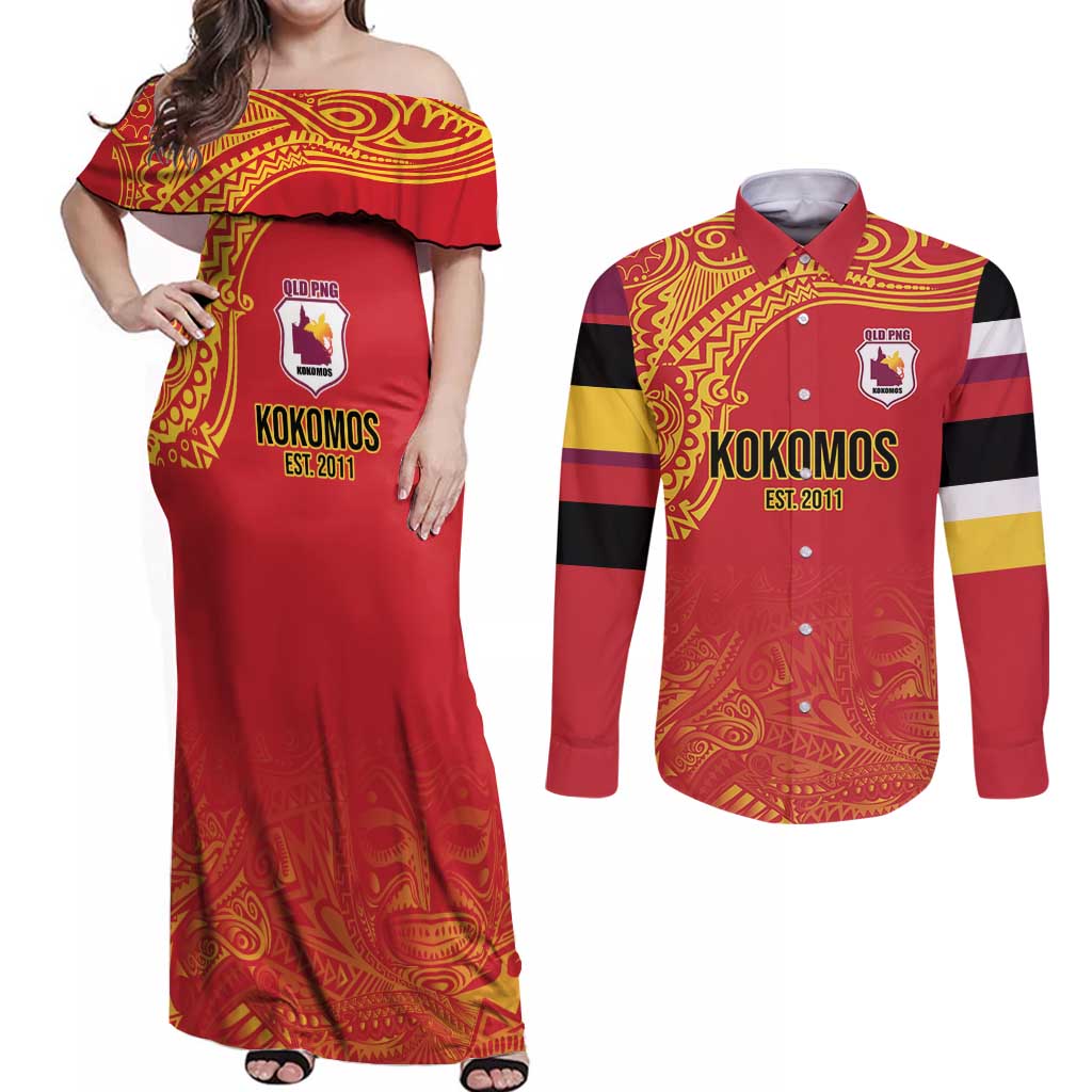 Queensland Papua New Guinea Custom Couples Matching Off Shoulder Maxi Dress and Long Sleeve Button Shirt All Red Pacific PNG Tribal Style LT9 Red - Polynesian Pride