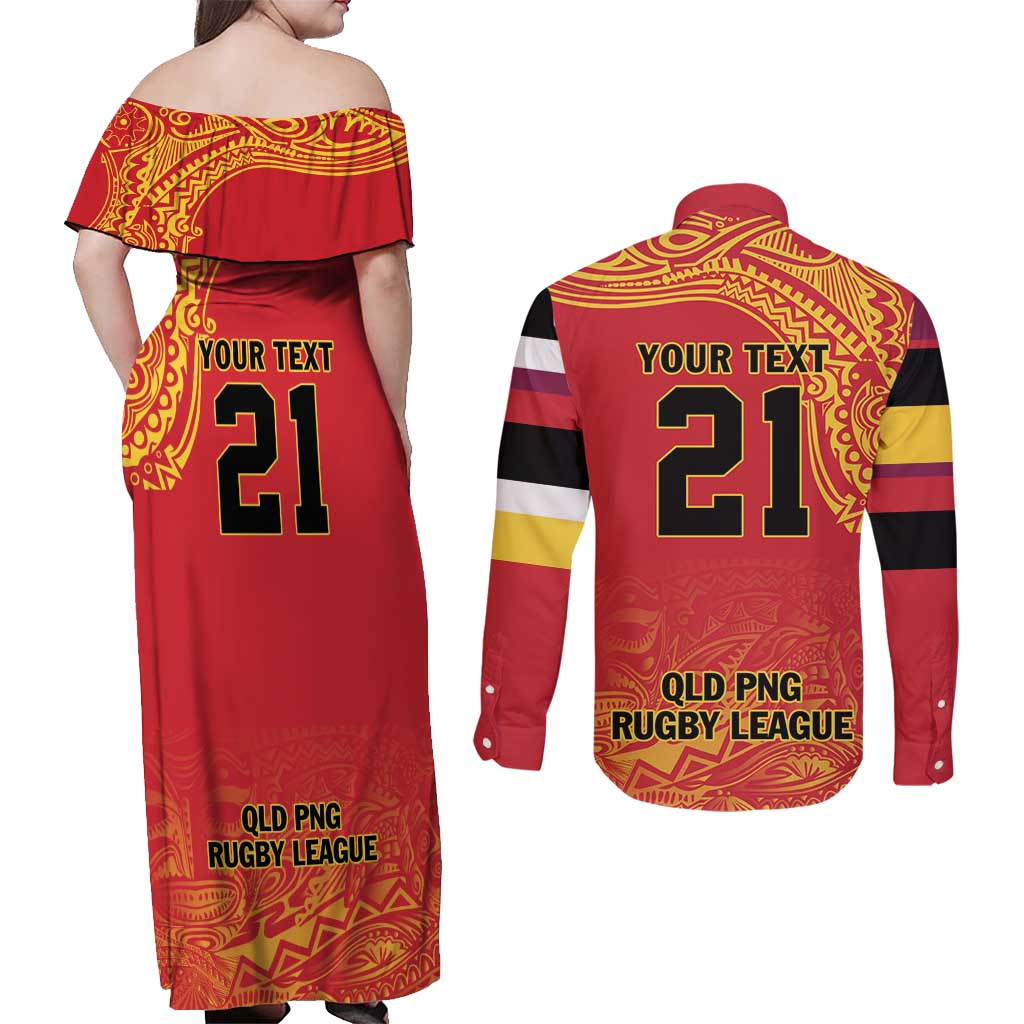 Queensland Papua New Guinea Custom Couples Matching Off Shoulder Maxi Dress and Long Sleeve Button Shirt All Red Pacific PNG Tribal Style LT9 - Polynesian Pride