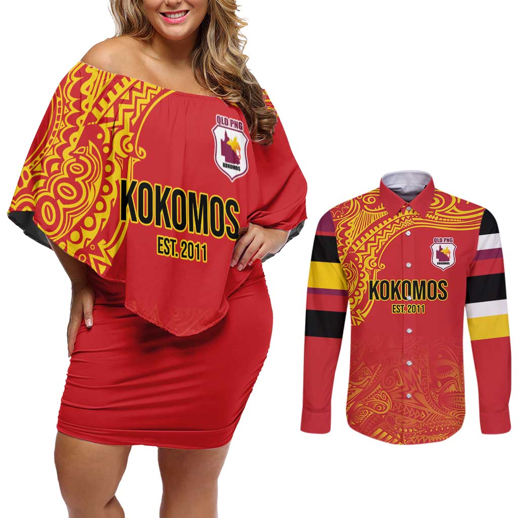 Queensland Papua New Guinea Custom Couples Matching Off Shoulder Short Dress and Long Sleeve Button Shirt All Red Pacific PNG Tribal Style LT9 Red - Polynesian Pride