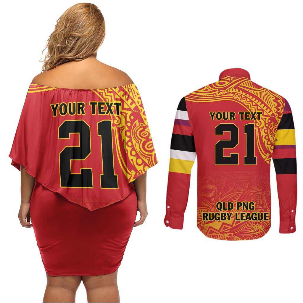 Queensland Papua New Guinea Custom Couples Matching Off Shoulder Short Dress and Long Sleeve Button Shirt All Red Pacific PNG Tribal Style LT9 - Polynesian Pride