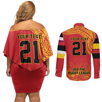 Queensland Papua New Guinea Custom Couples Matching Off Shoulder Short Dress and Long Sleeve Button Shirt All Red Pacific PNG Tribal Style LT9 - Polynesian Pride