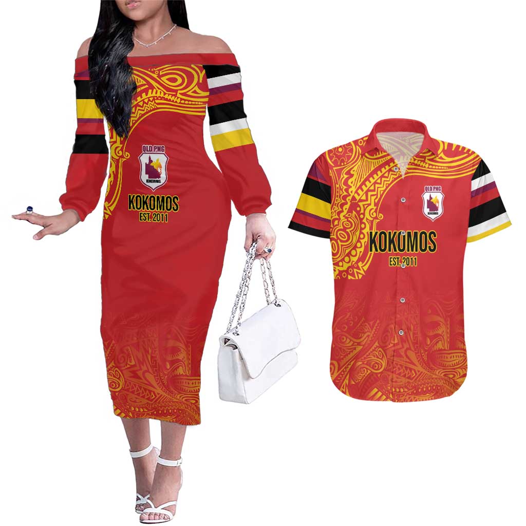 Queensland Papua New Guinea Custom Couples Matching Off The Shoulder Long Sleeve Dress and Hawaiian Shirt All Red Pacific PNG Tribal Style LT9 Red - Polynesian Pride