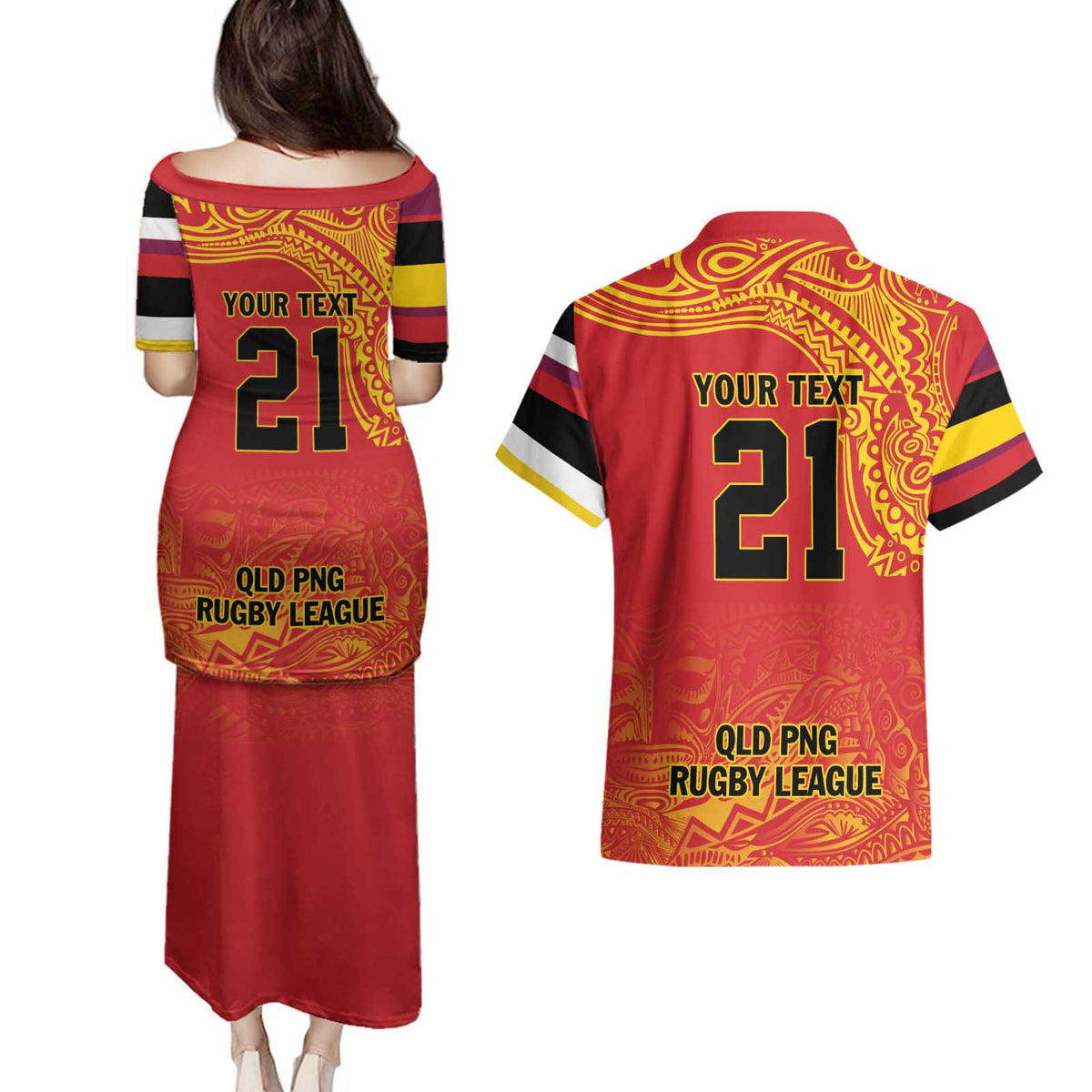 Queensland Papua New Guinea Custom Couples Matching Puletasi and Hawaiian Shirt All Red Pacific PNG Tribal Style LT9 - Polynesian Pride
