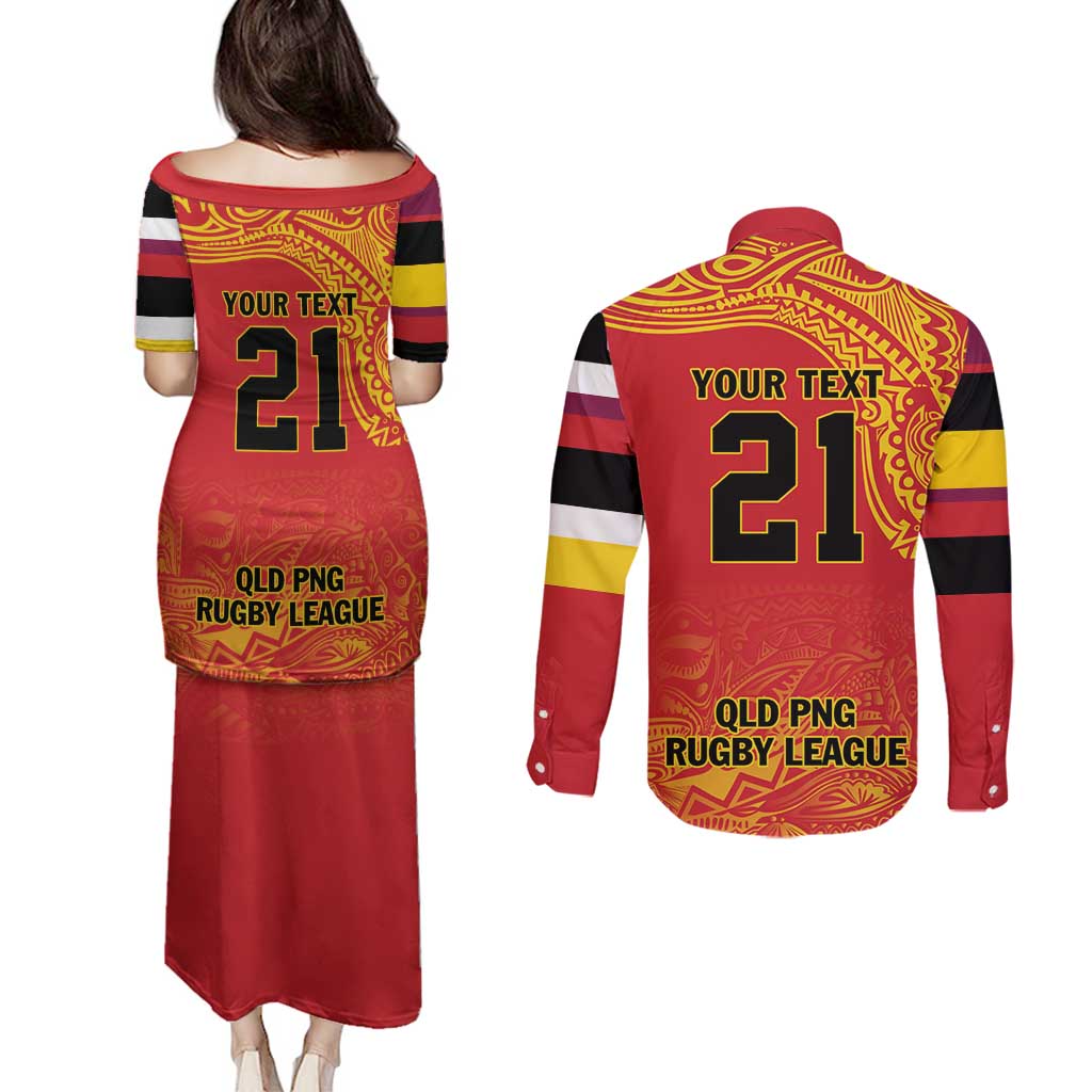 Queensland Papua New Guinea Custom Couples Matching Puletasi and Long Sleeve Button Shirt All Red Pacific PNG Tribal Style LT9 - Polynesian Pride