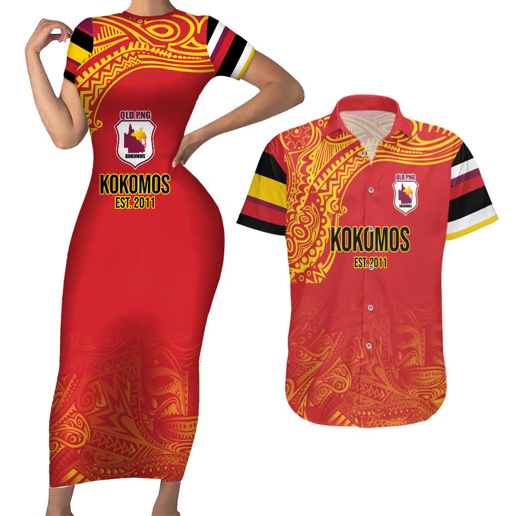 Queensland Papua New Guinea Custom Couples Matching Short Sleeve Bodycon Dress and Hawaiian Shirt All Red Pacific PNG Tribal Style LT9 Red - Polynesian Pride