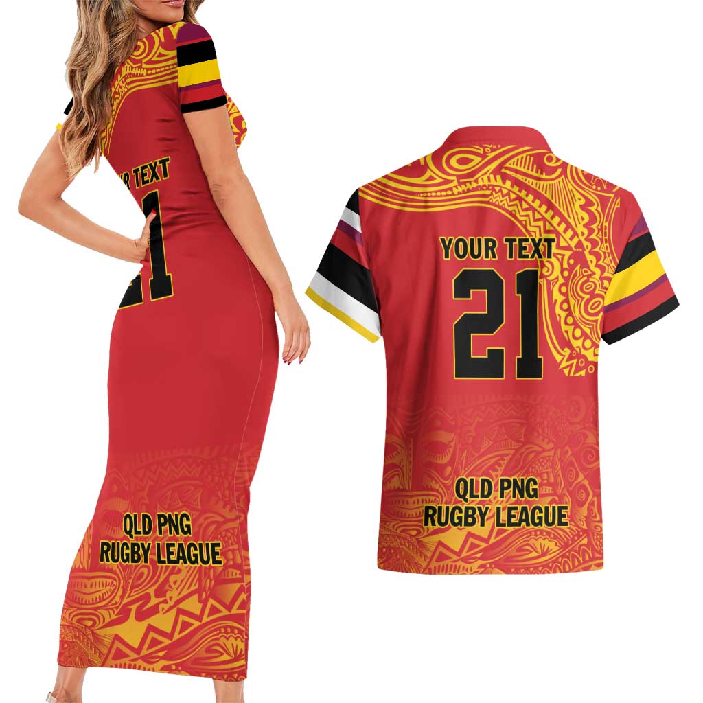 Queensland Papua New Guinea Custom Couples Matching Short Sleeve Bodycon Dress and Hawaiian Shirt All Red Pacific PNG Tribal Style LT9 - Polynesian Pride