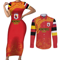 Queensland Papua New Guinea Custom Couples Matching Short Sleeve Bodycon Dress and Long Sleeve Button Shirt All Red Pacific PNG Tribal Style LT9 Red - Polynesian Pride
