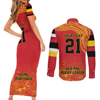Queensland Papua New Guinea Custom Couples Matching Short Sleeve Bodycon Dress and Long Sleeve Button Shirt All Red Pacific PNG Tribal Style LT9 - Polynesian Pride