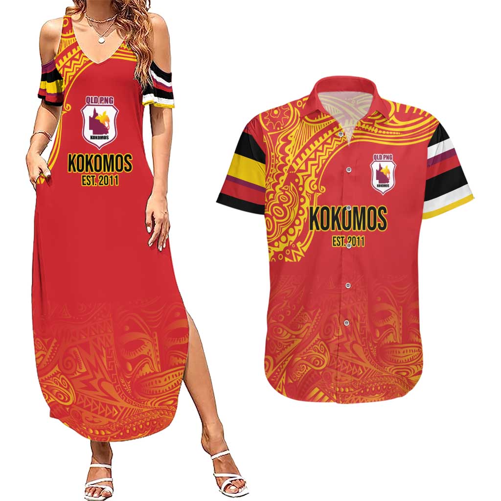 Queensland Papua New Guinea Custom Couples Matching Summer Maxi Dress and Hawaiian Shirt All Red Pacific PNG Tribal Style LT9 Red - Polynesian Pride