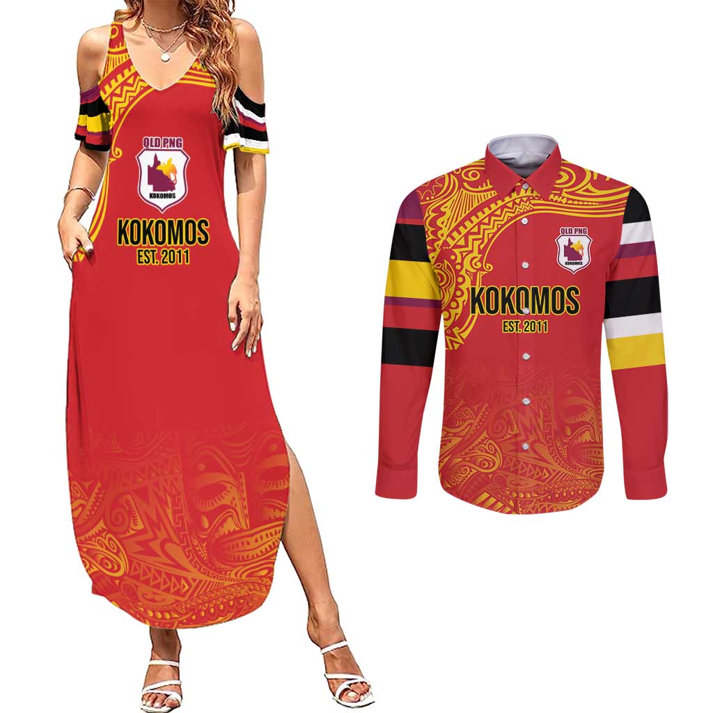 Queensland Papua New Guinea Custom Couples Matching Summer Maxi Dress and Long Sleeve Button Shirt All Red Pacific PNG Tribal Style LT9 Red - Polynesian Pride