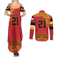 Queensland Papua New Guinea Custom Couples Matching Summer Maxi Dress and Long Sleeve Button Shirt All Red Pacific PNG Tribal Style LT9 - Polynesian Pride