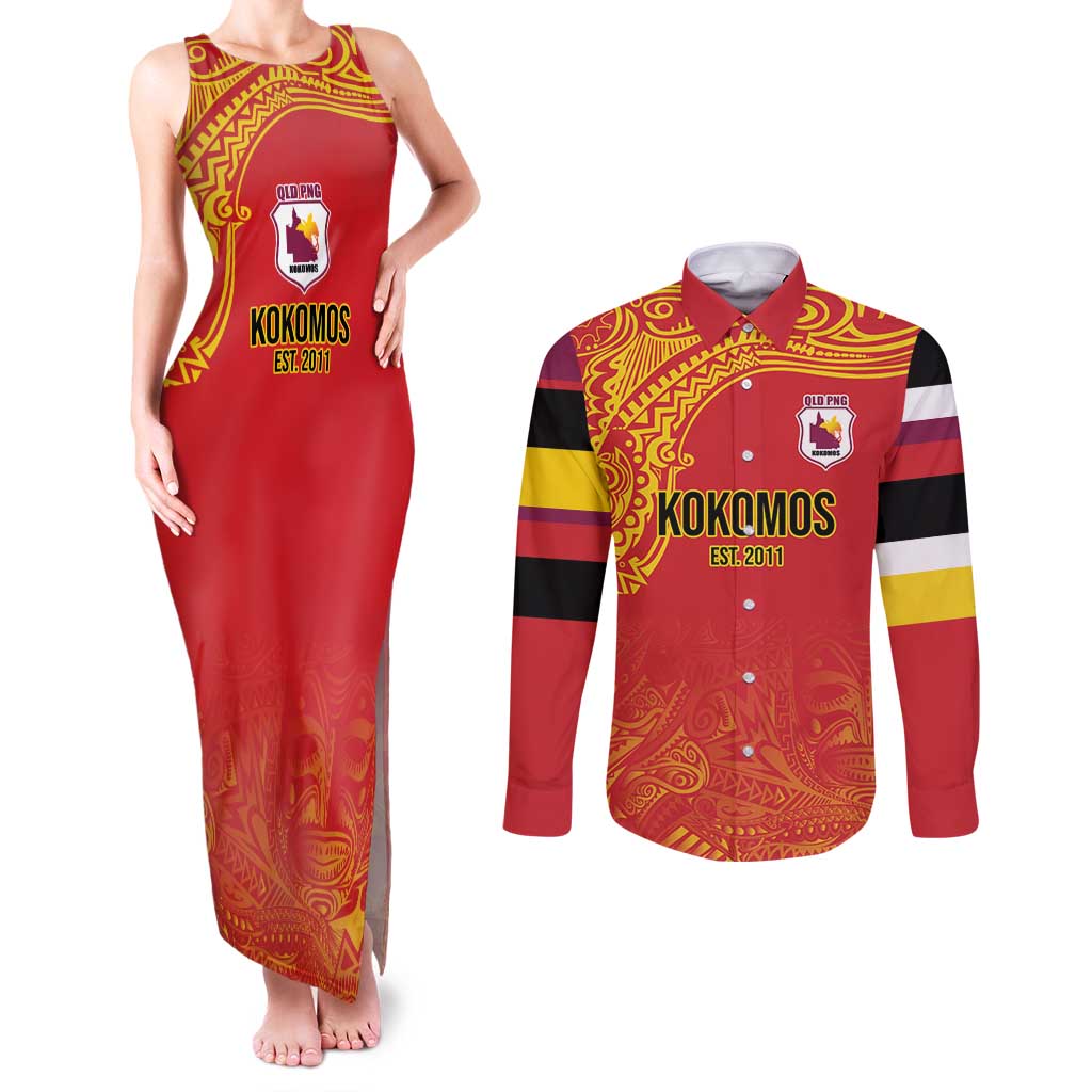 Queensland Papua New Guinea Custom Couples Matching Tank Maxi Dress and Long Sleeve Button Shirt All Red Pacific PNG Tribal Style LT9 Red - Polynesian Pride