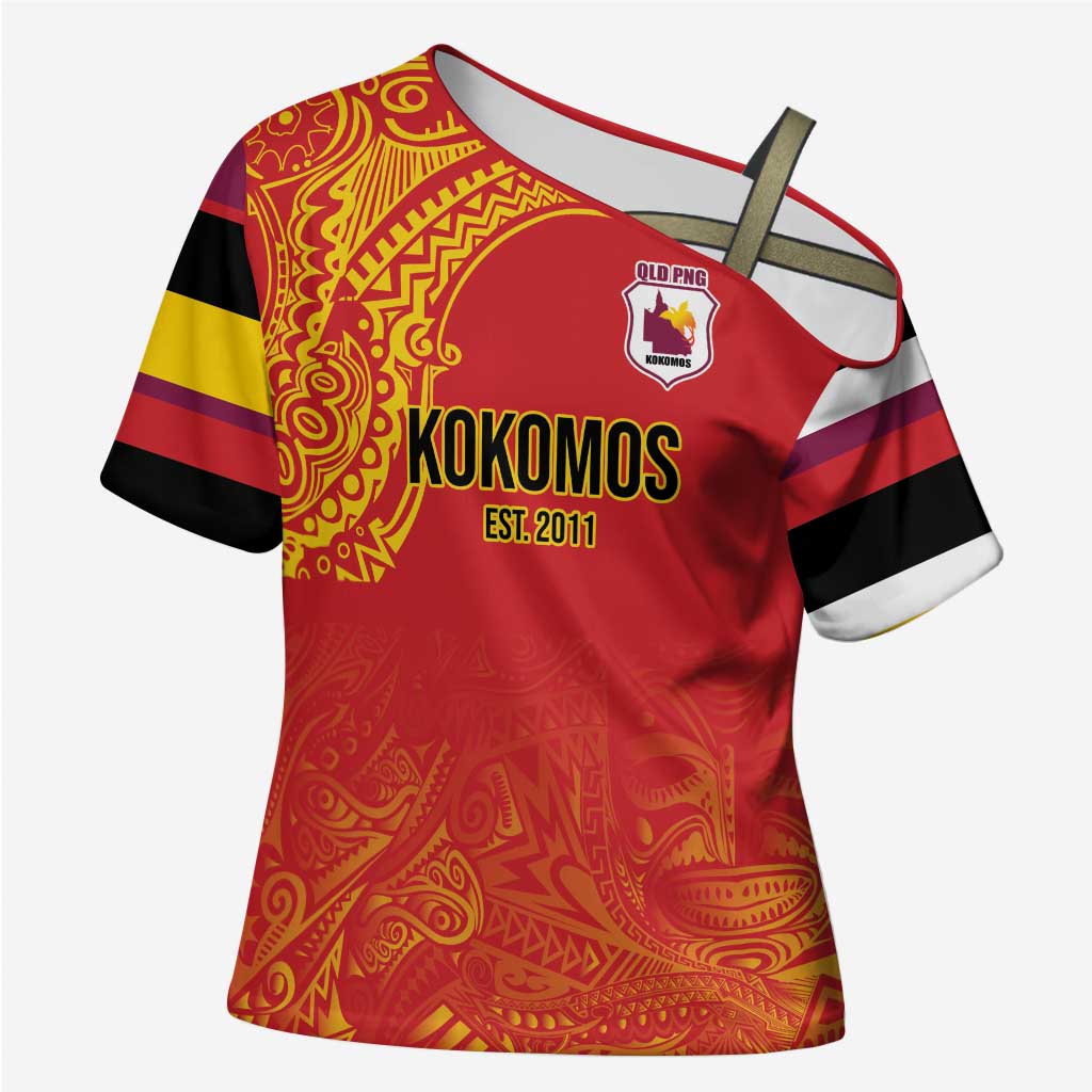 Queensland Papua New Guinea Custom Cross Shoulder Shirt All Red Pacific PNG Tribal Style LT9 Female Red - Polynesian Pride