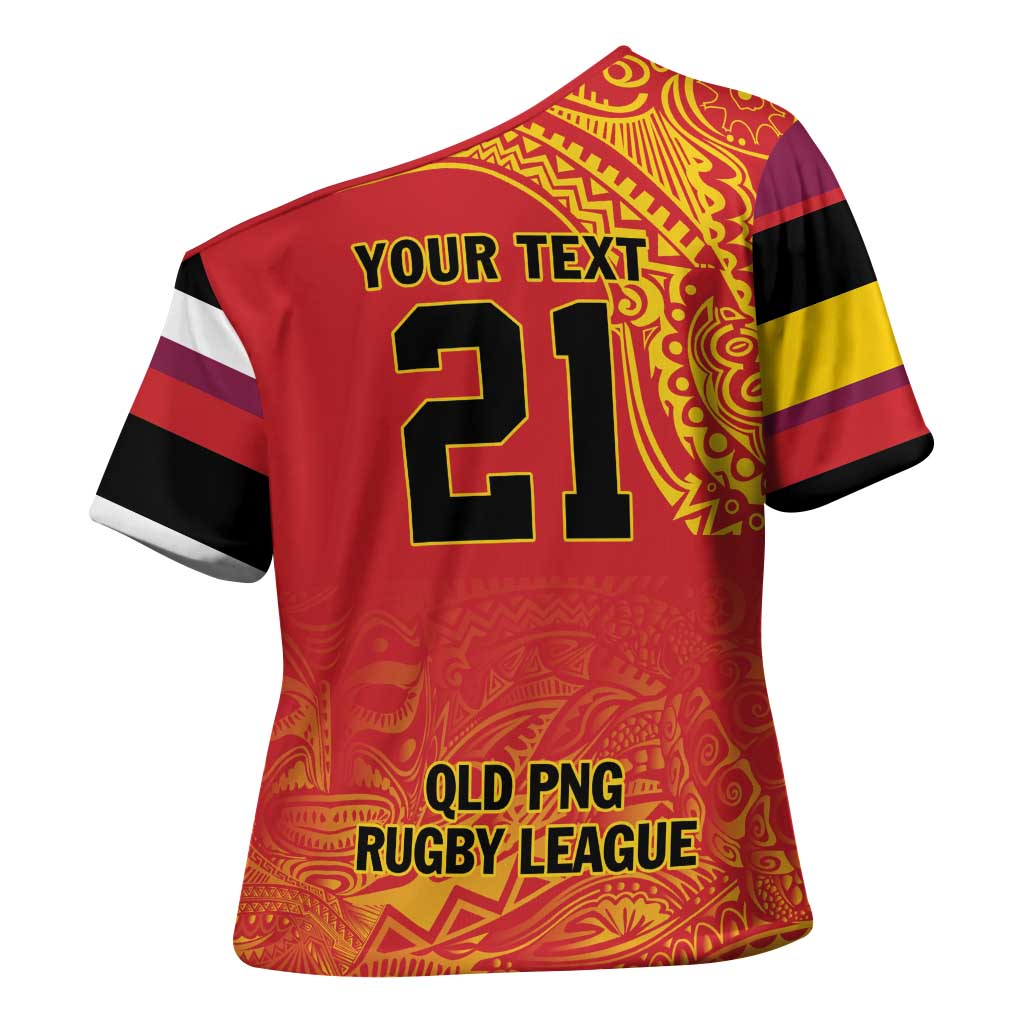 Queensland Papua New Guinea Custom Cross Shoulder Shirt All Red Pacific PNG Tribal Style LT9 - Polynesian Pride