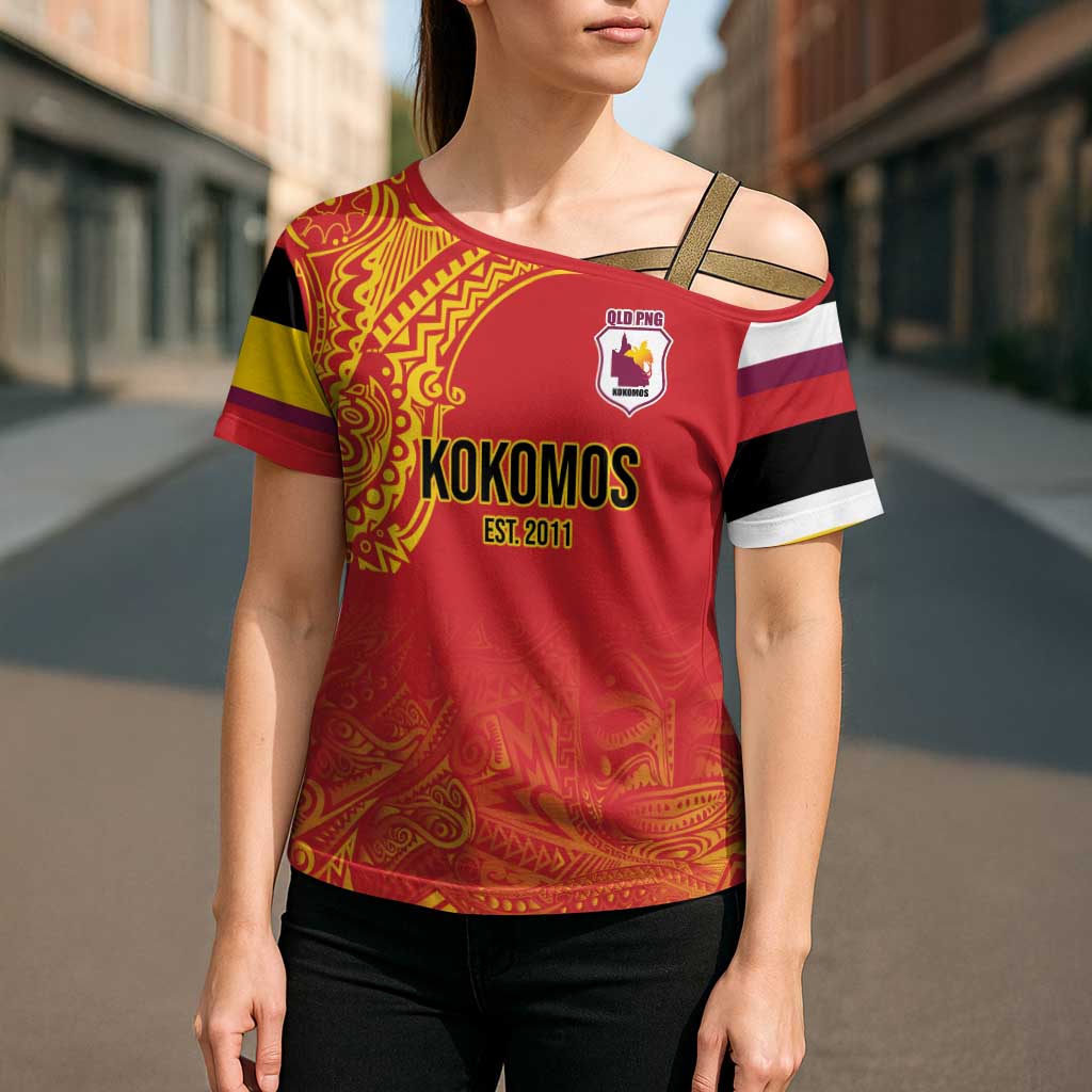 Queensland Papua New Guinea Custom Cross Shoulder Shirt All Red Pacific PNG Tribal Style LT9 - Polynesian Pride