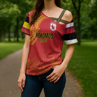 Queensland Papua New Guinea Custom Cross Shoulder Shirt All Red Pacific PNG Tribal Style LT9 - Polynesian Pride