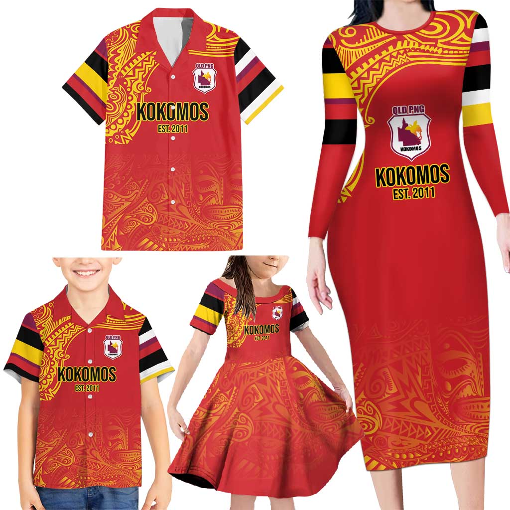 Queensland Papua New Guinea Custom Family Matching Long Sleeve Bodycon Dress and Hawaiian Shirt All Red Pacific PNG Tribal Style LT9 - Polynesian Pride