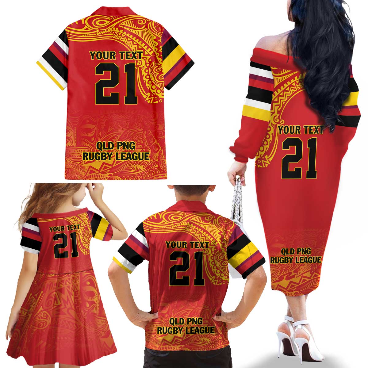 Queensland Papua New Guinea Custom Family Matching Off The Shoulder Long Sleeve Dress and Hawaiian Shirt All Red Pacific PNG Tribal Style LT9 - Polynesian Pride