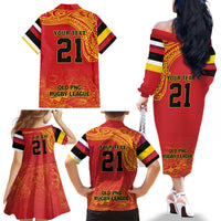 Queensland Papua New Guinea Custom Family Matching Off The Shoulder Long Sleeve Dress and Hawaiian Shirt All Red Pacific PNG Tribal Style LT9 - Polynesian Pride