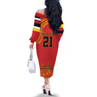Queensland Papua New Guinea Custom Family Matching Off The Shoulder Long Sleeve Dress and Hawaiian Shirt All Red Pacific PNG Tribal Style LT9 - Polynesian Pride