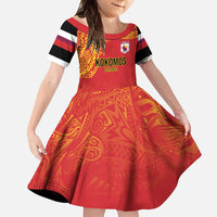 Queensland Papua New Guinea Custom Family Matching Off Shoulder Maxi Dress and Hawaiian Shirt All Red Pacific PNG Tribal Style LT9 Daughter's Dress Red - Polynesian Pride