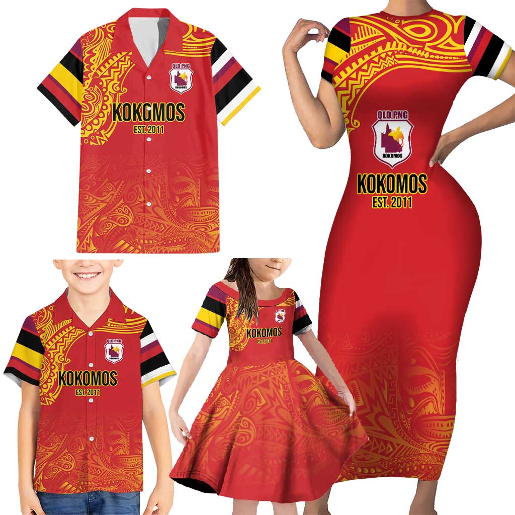Queensland Papua New Guinea Custom Family Matching Short Sleeve Bodycon Dress and Hawaiian Shirt All Red Pacific PNG Tribal Style LT9 - Polynesian Pride