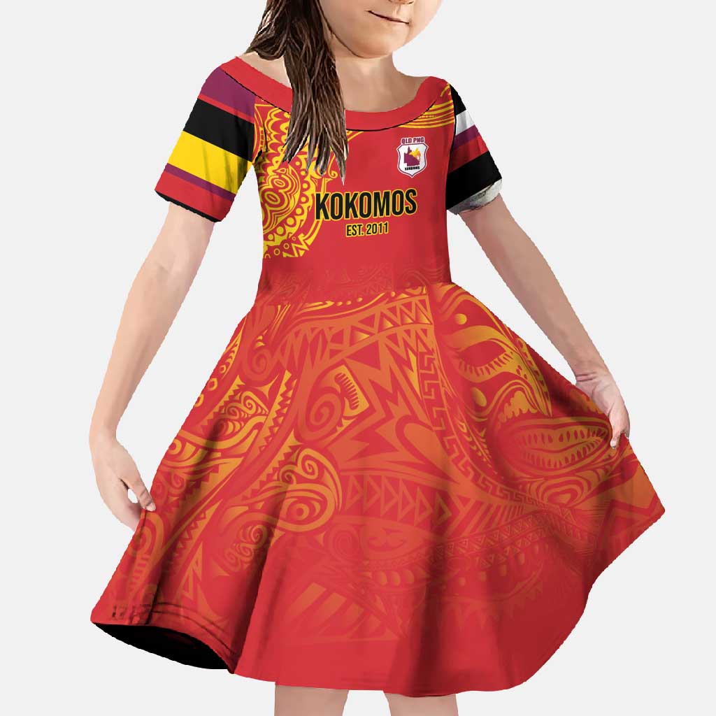 Queensland Papua New Guinea Custom Family Matching Tank Maxi Dress and Hawaiian Shirt All Red Pacific PNG Tribal Style LT9 Daughter's Dress Red - Polynesian Pride
