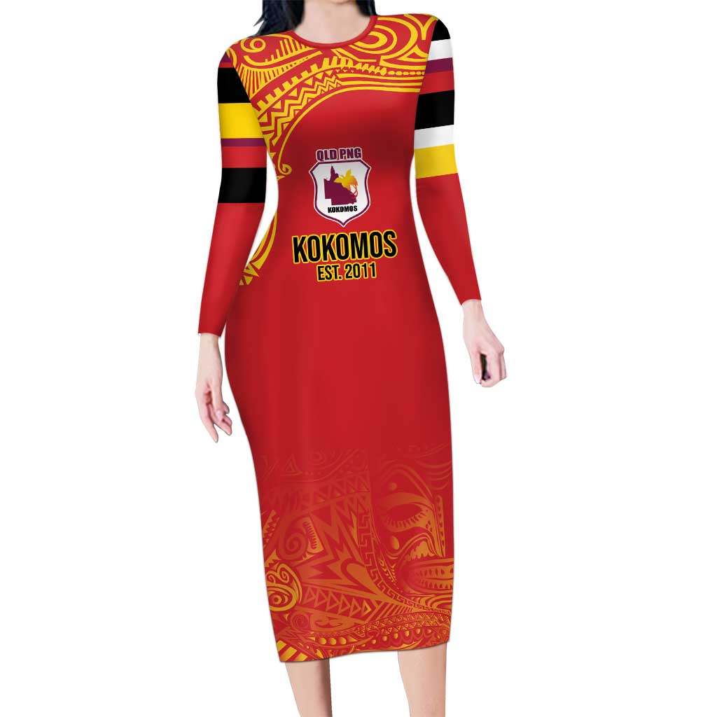 Queensland Papua New Guinea Custom Long Sleeve Bodycon Dress All Red Pacific PNG Tribal Style LT9 Long Dress Red - Polynesian Pride