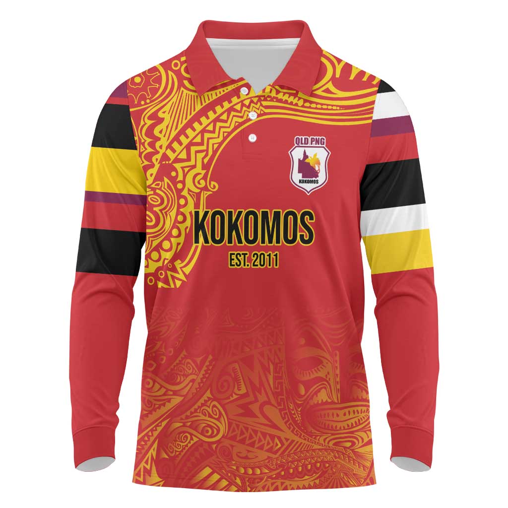 Queensland Papua New Guinea Custom Long Sleeve Polo Shirt All Red Pacific PNG Tribal Style LT9 Red - Polynesian Pride
