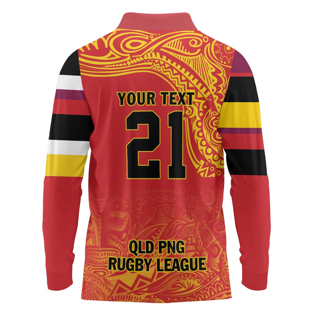 Queensland Papua New Guinea Custom Long Sleeve Polo Shirt All Red Pacific PNG Tribal Style LT9 - Polynesian Pride