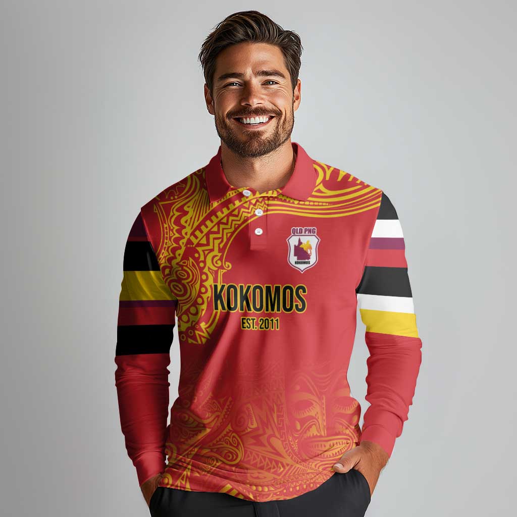 Queensland Papua New Guinea Custom Long Sleeve Polo Shirt All Red Pacific PNG Tribal Style LT9 - Polynesian Pride
